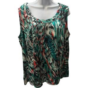 Kasper Sleeveless Multicolor Blouse Womens SZ 1x Jersey Watercolor Feather Green